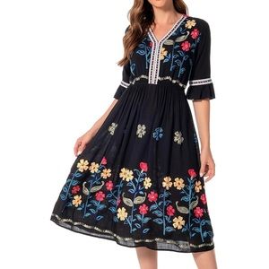 Shineflow Short Sleeve Mexican Embroidered Floral Pleated Midi Dress Tropical
